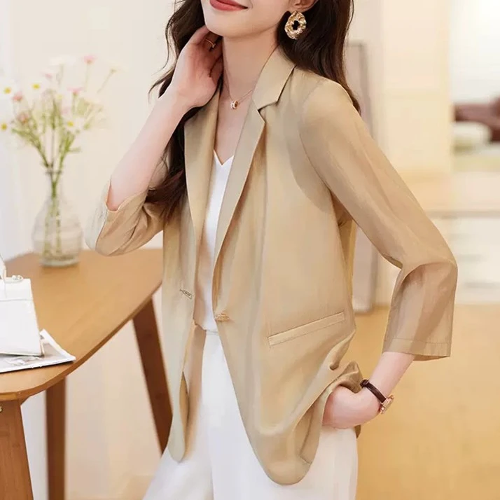 夏季薄款天丝西装外套女2023新款纽扣休闲七分袖防晒小西服夏天