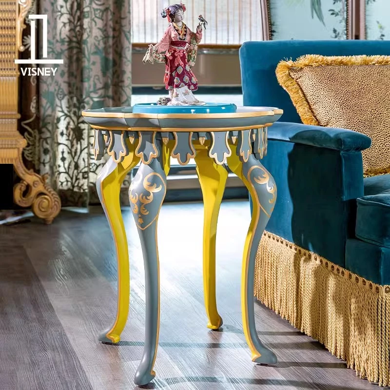 卫诗理复古艺术圆几高端法式中国风榉木雕花边几客厅中古圆角几C4