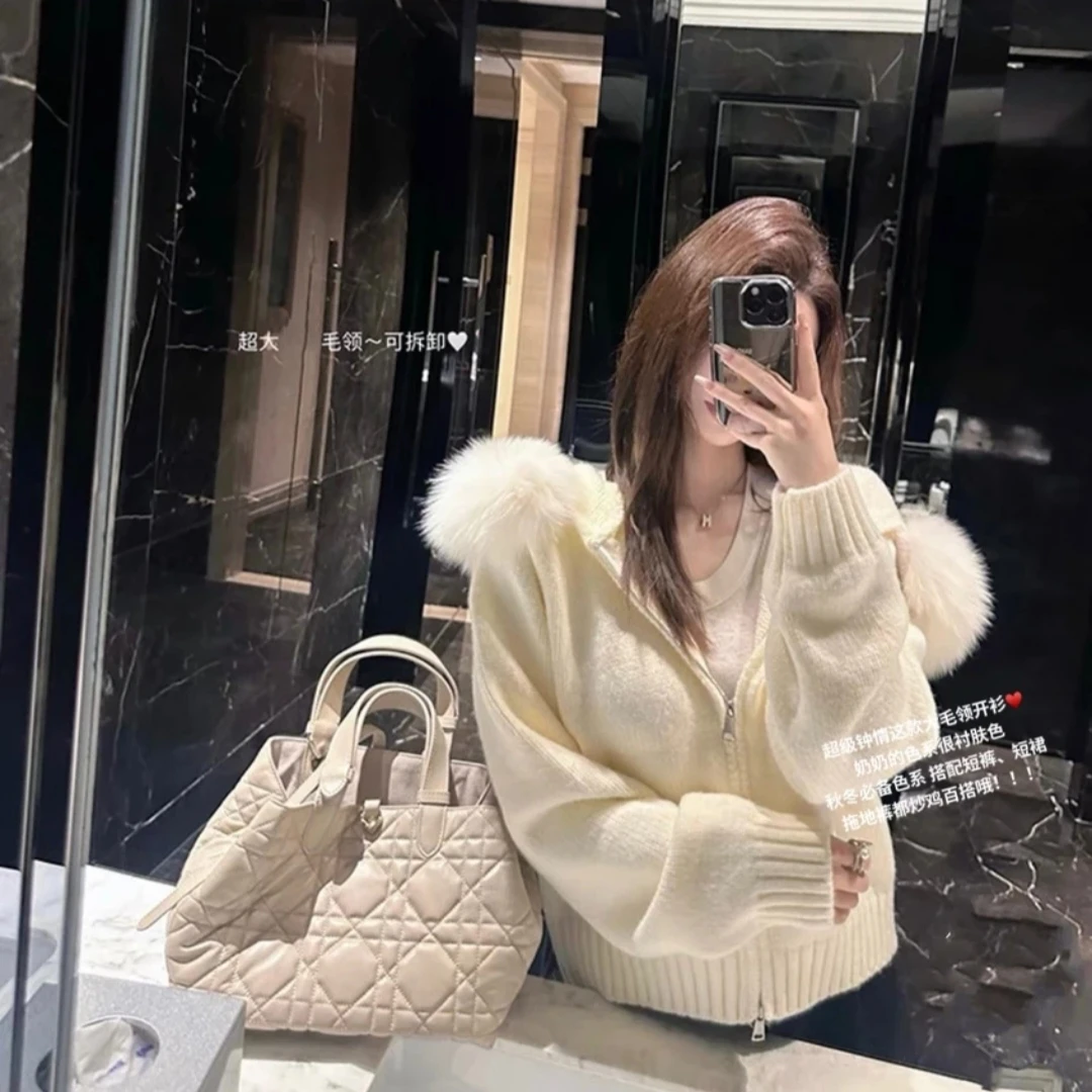 【超大毛领 连帽拉链开衫】高级感慵懒氛围感秋冬针织外套