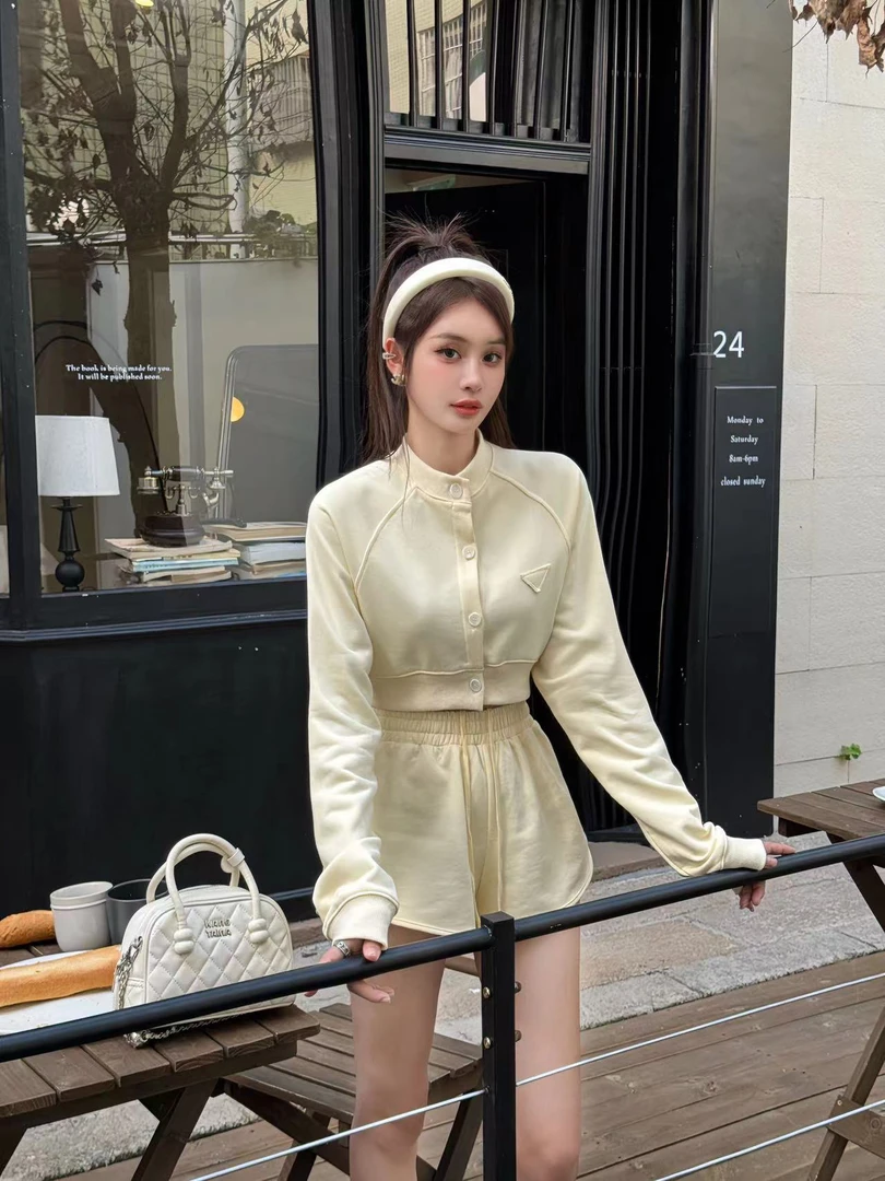 【清仓】韩系黄色甜美短款开衫卫衣休闲抽绳阔腿短裤两件套w1954