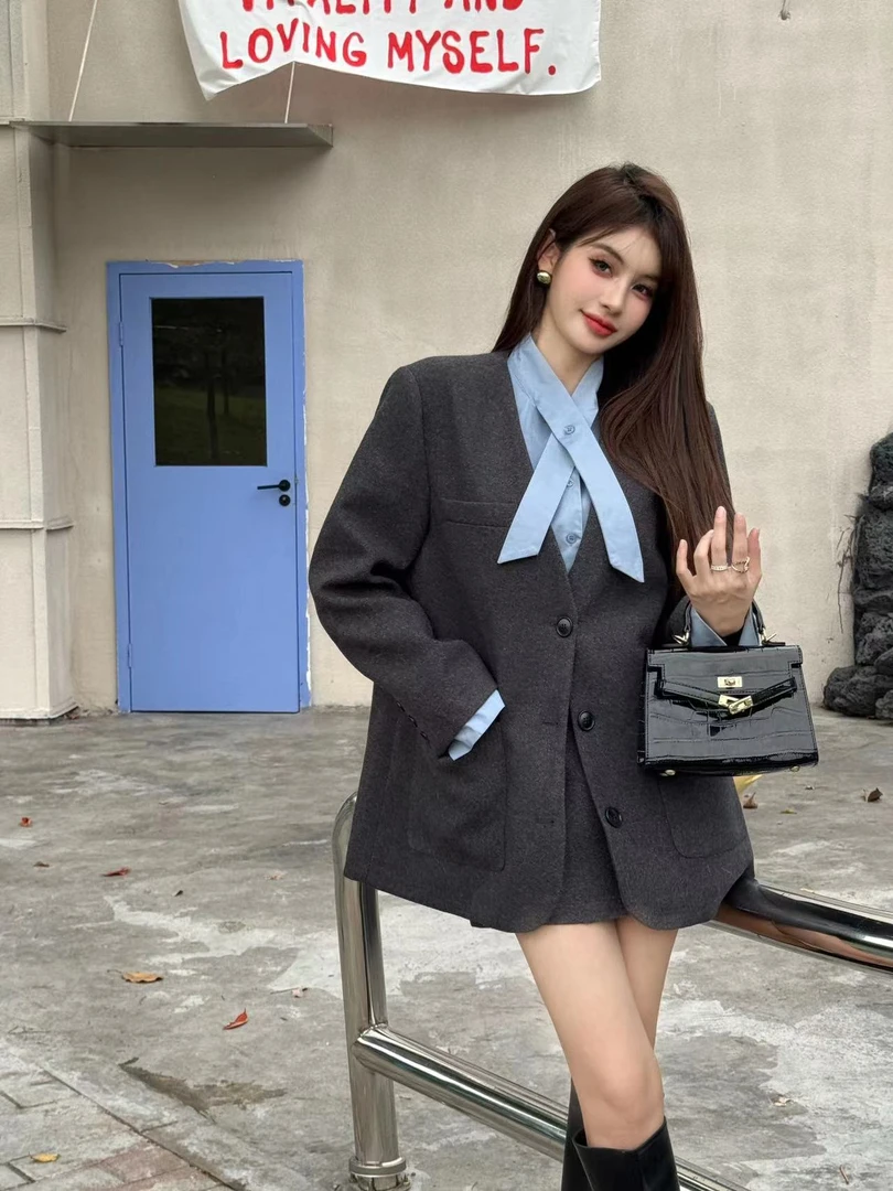 【清仓】小香风毛呢套装裙外套半身裙两件套W4642