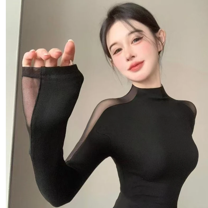 半高领上衣网纱拼接黑色女秋季蕾丝小衫设计感小众紧身长袖t恤潮