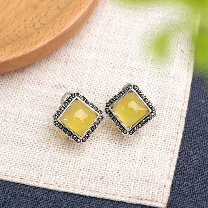 925银耳饰 s925泰银黄耳扣女士批发复古民族风气质菱形