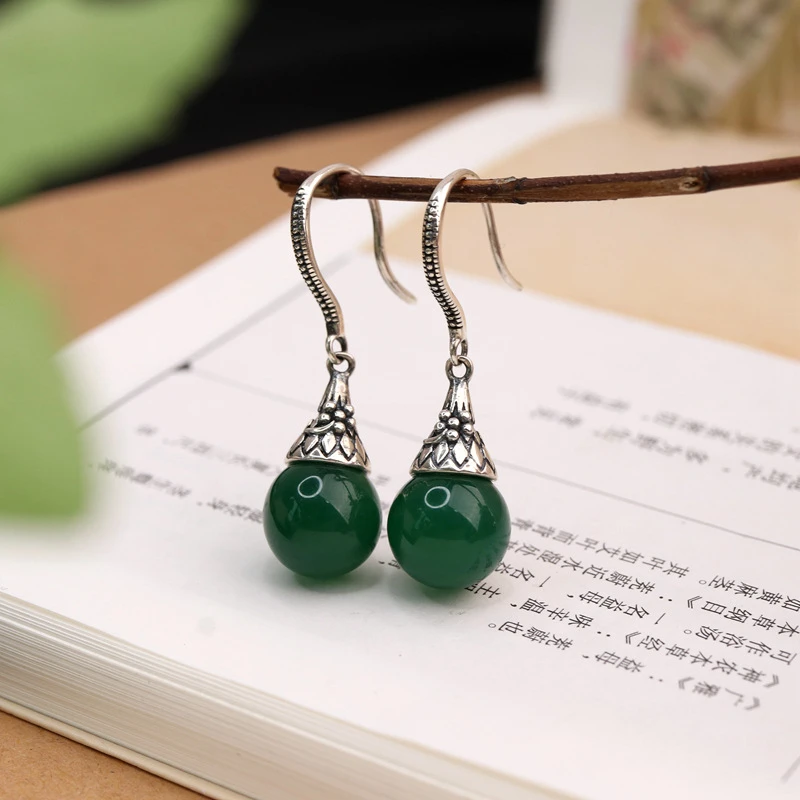 925银耳饰 s925泰银绿耳环复古做旧民族风