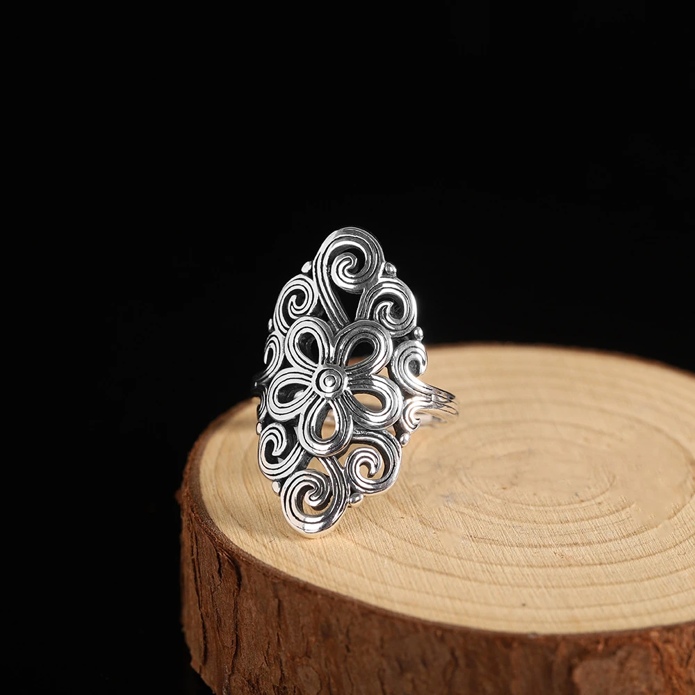 925银戒指 s925银饰品做旧女式戒指开口指环花卉气质文艺复古手饰