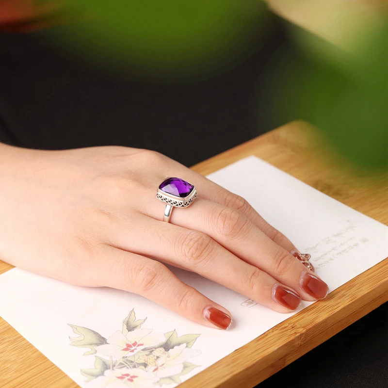 925银戒指 s925泰银紫水戒指女批发复古做旧印尼风长方形戒子