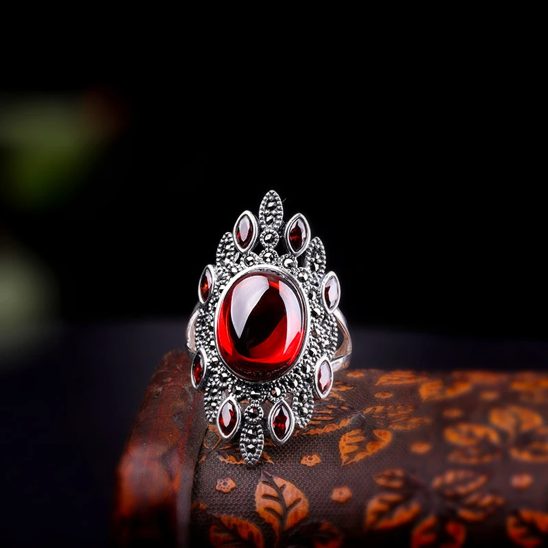 925银戒指 泰银手饰S925银活口女式石榴红戒指复古指环