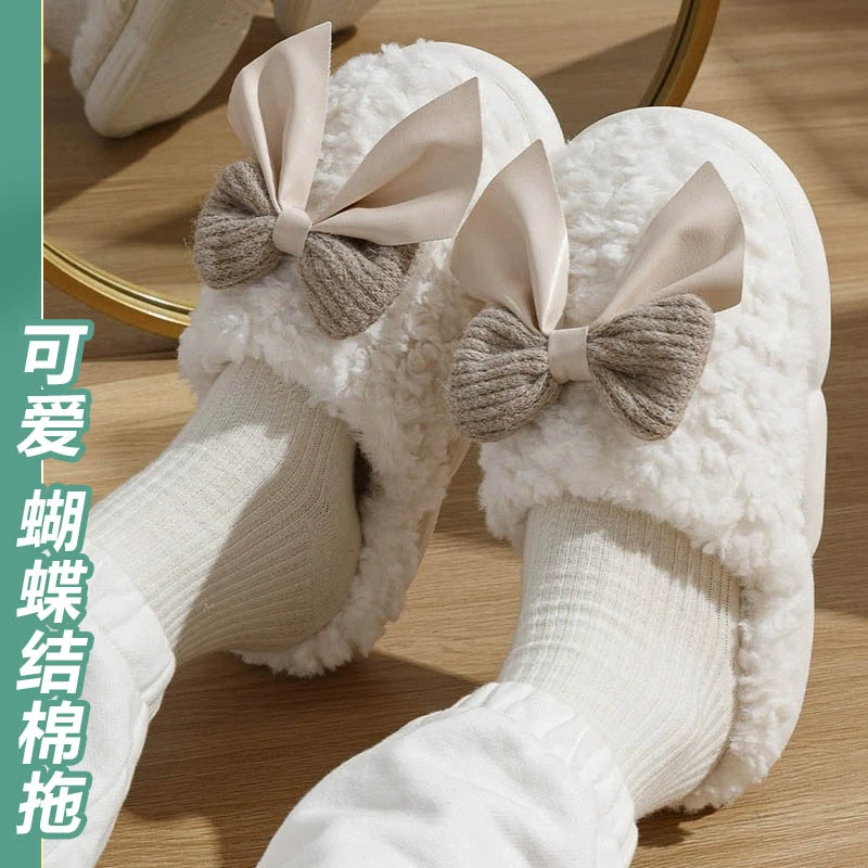 毛毛棉拖女生冬季蝴蝶结棉拖鞋可爱室内新款防滑女款冬天卡通