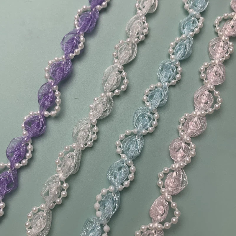 【清福利】立体镶珠链花边蔷薇纱织珍珠镶边蕾丝花边