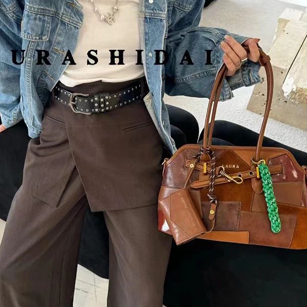 劳拉时黛新款小众质感大容量复古贝壳包拼接磨砂皮单肩包女5028-3