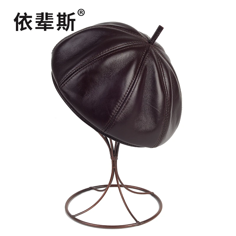 男士春秋无檐羊皮八角帽中老年户外休闲真皮帽子薄款报童帽画家帽