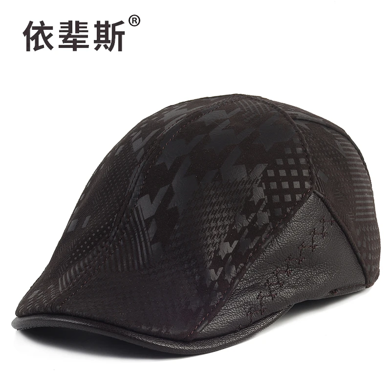 春秋男士真皮帽子青年户外休闲印花羊皮鸭舌帽中老年贝雷帽前进帽