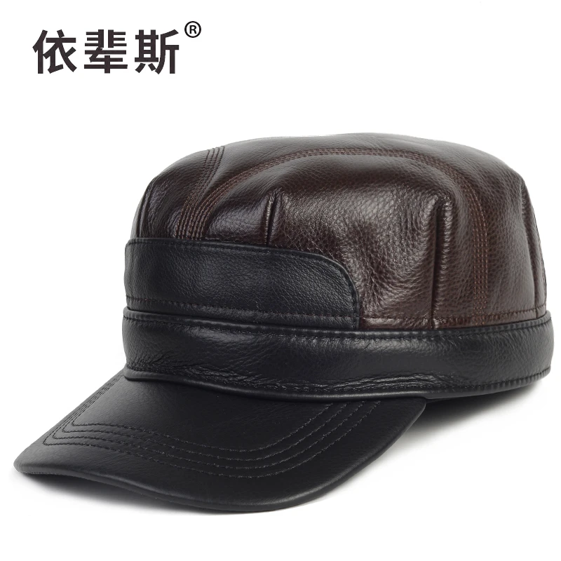 男士真皮帽子中老年人秋冬英伦复古牛皮平顶八角帽户外休闲鸭舌帽