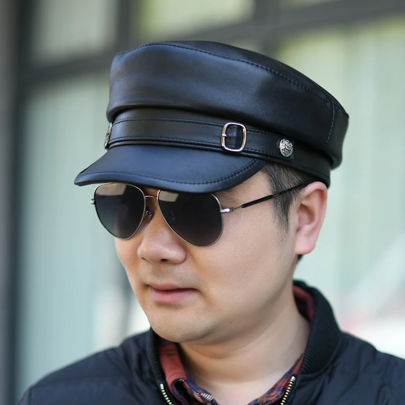 男士真皮帽子春秋时尚羊皮平顶帽青年休闲韩版报童帽英伦学生帽潮