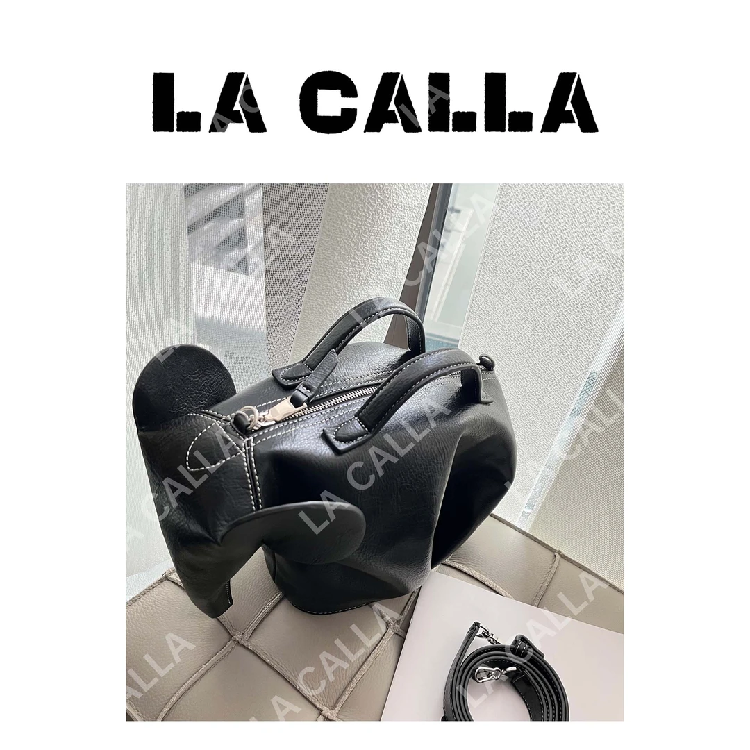 LA CALLA 2023新款黑色包简约通勤包文艺风牛皮小象手提包