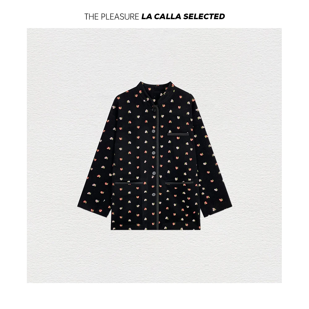 沈球球【樱桃花】黑色设计师秋冬夹棉气质外套