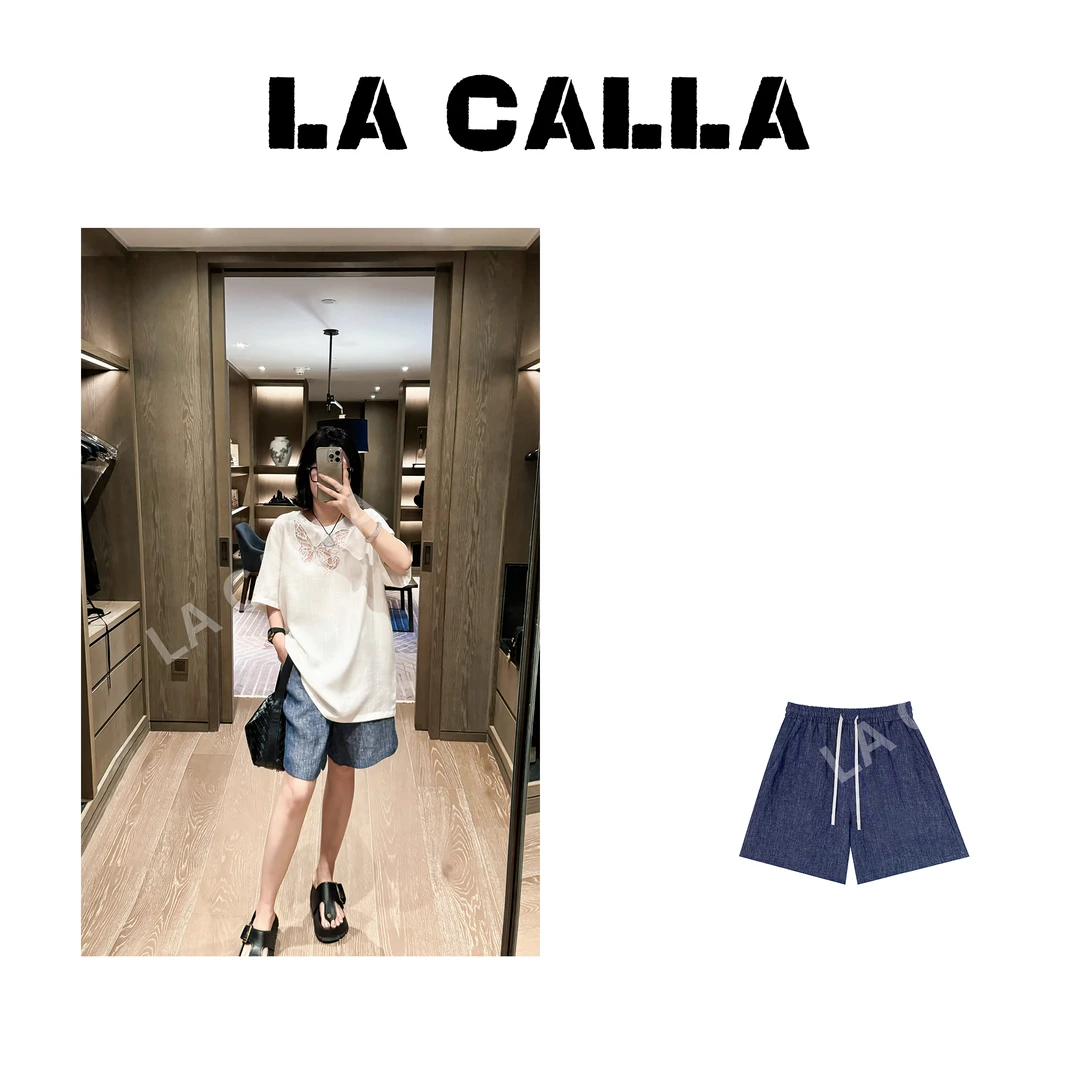 沈球球【麻牛中裤】新中式蓝色舒适宽松透气麻中裤