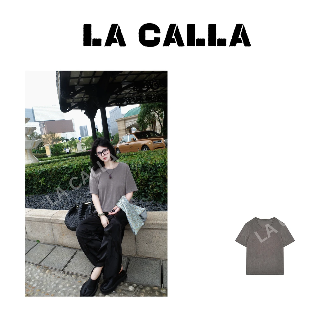 沈球球【懒懒T】新中式灰色针织宽松舒适圆领短袖