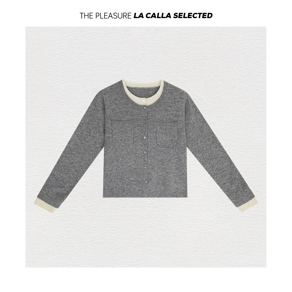 沈球球【拼色文艺 】深灰色麦芽杏设计师秋冬季修身羊毛开衫