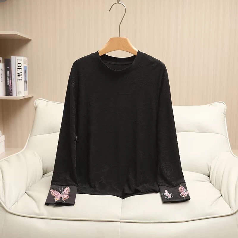 薄款新中式刺绣衬衣时尚国风百搭圆领长袖新中式打底衫宽松显瘦女