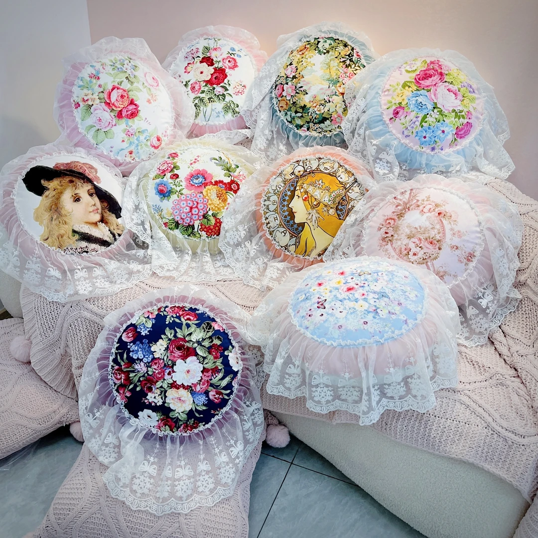 花边韩式田园风圆形抱枕复古家用加厚爱心抱枕