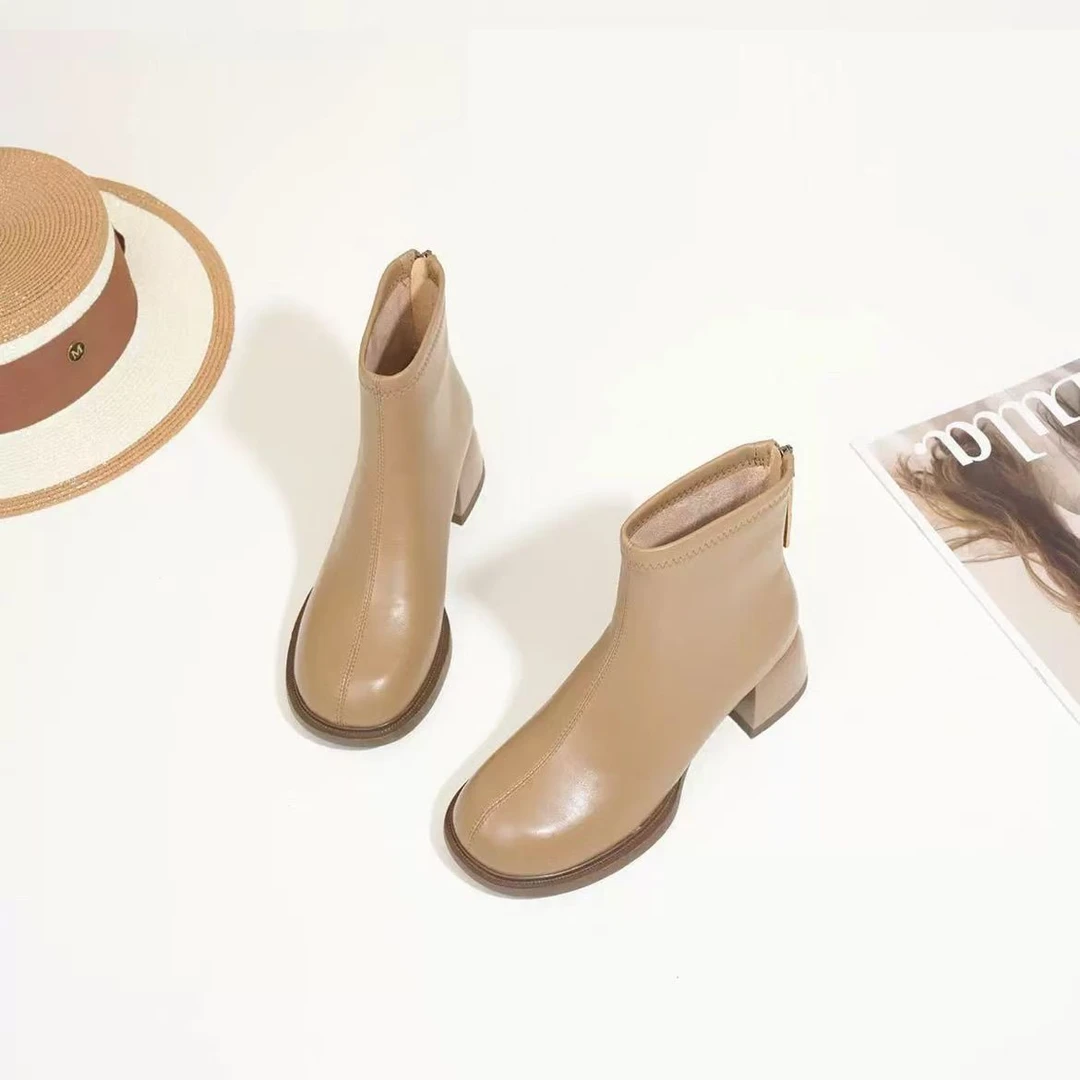 软皮小短靴女秋冬单靴2024新款厚底秋冬季马丁靴切尔西瘦瘦靴子