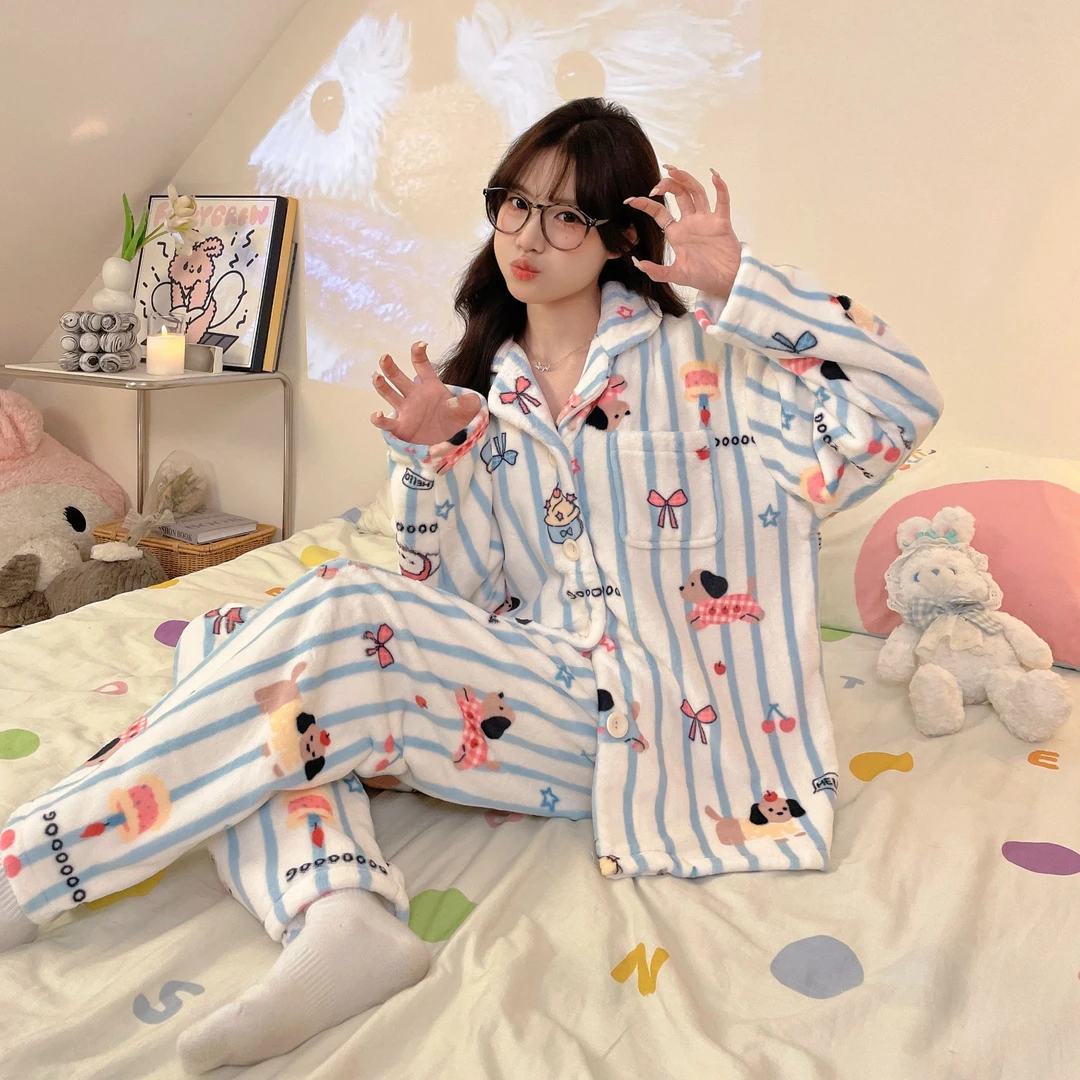 睡衣女款爆款2024新款秋冬季卡通保暖时尚可外穿长袖加厚家居套装