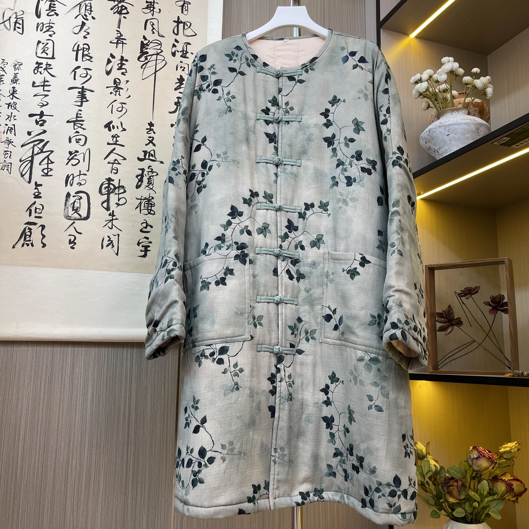 【海棠依旧】中长款棉花棉服新中式国风复古印花冬款圆领保暖棉服