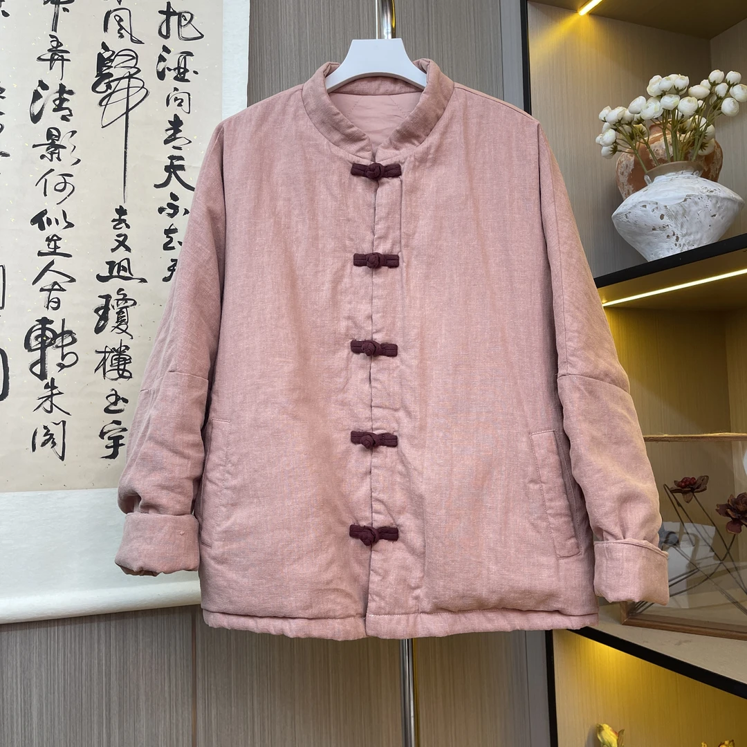 【人间欢谣】短款亚麻纯色加厚棉服中式棉衣立领休闲保暖复古棉服女