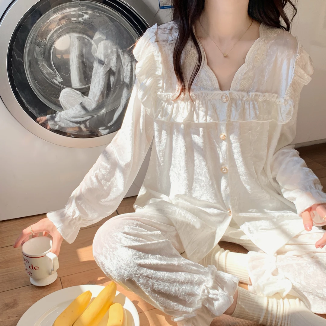 【带胸垫】金丝绒睡衣女春秋款荷叶边法式长袖薄款家居服套装