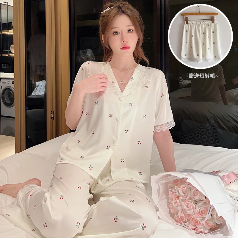 睡衣女夏季冰雪丝短袖长裤家居服夏天薄款三件套甜美可外穿套装