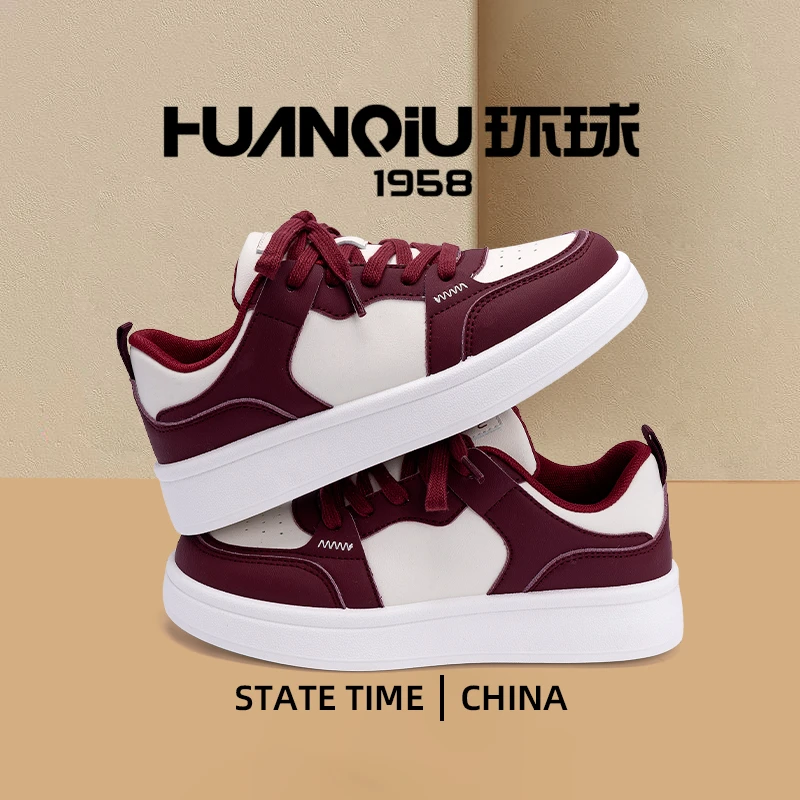 环球女鞋时尚酒红色休闲板鞋2025新款厚底鞋子韩版ins百搭小白鞋