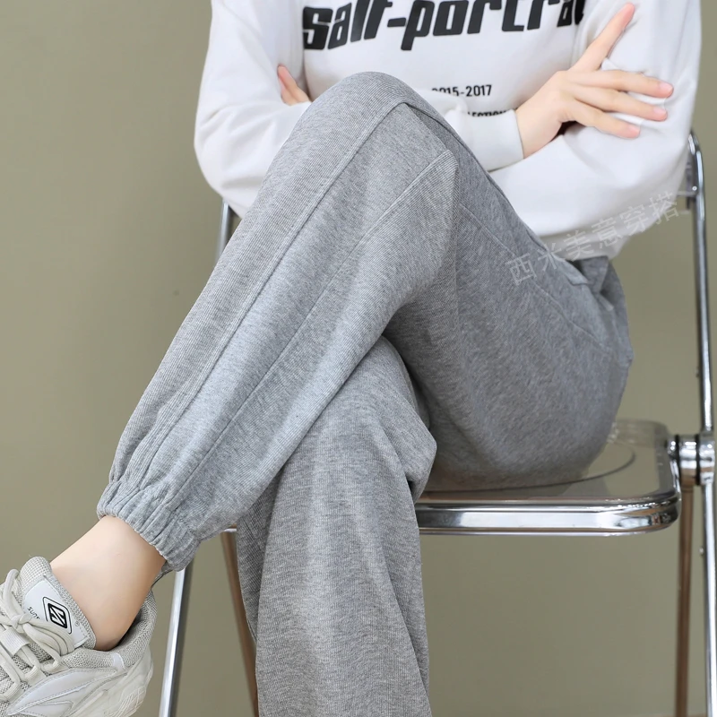 罗纹棉秋冬季卫裤女2025新款宽松显瘦束脚运动哈伦休闲裤加绒加厚