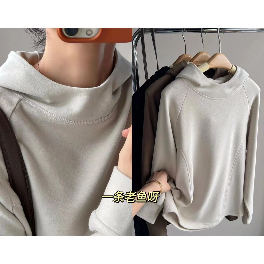 R 一条老鱼呀 秋冬连帽卫衣T恤打底衫女
