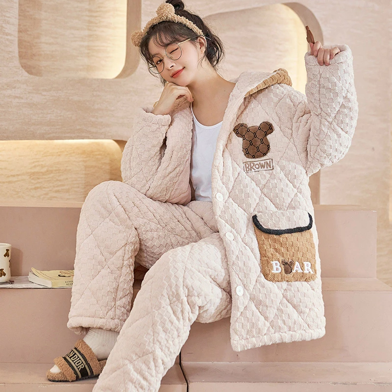 三层加厚夹棉冬季睡衣女士法兰绒甜美卡通珊瑚绒韩版家居服 8925