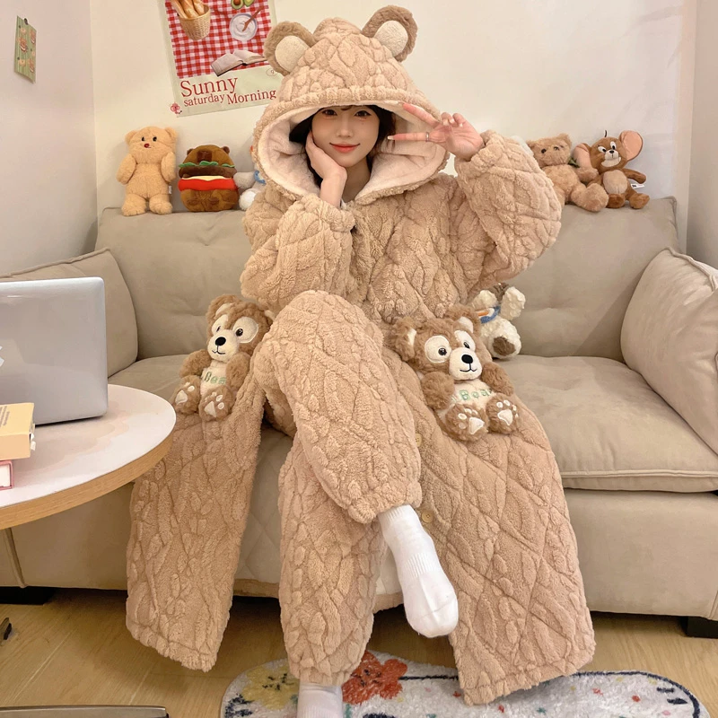 三层夹棉加厚加绒睡袍可外穿冬季睡衣女士卡通珊瑚绒家居服 8996