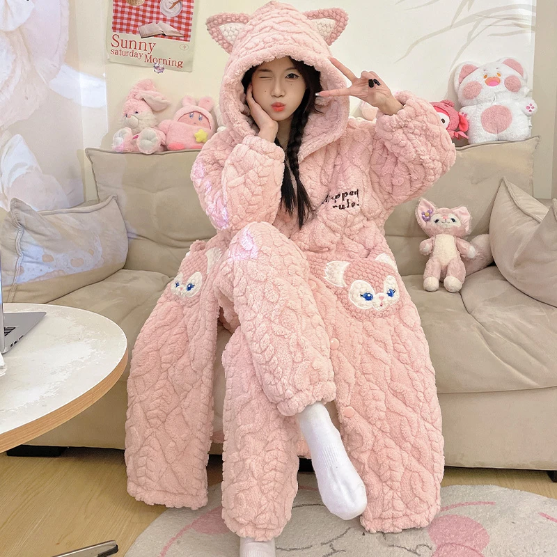三层夹棉加厚加绒睡袍冬季卡通珊瑚绒睡衣女士秋冬款家居服 8984