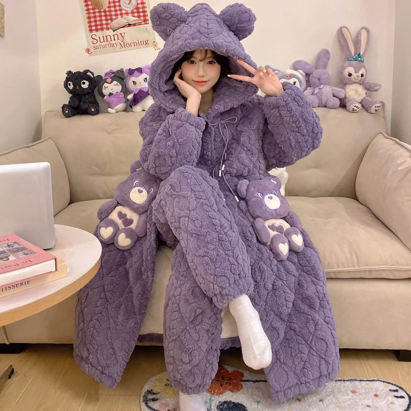 三层夹棉加厚睡袍冬季珊瑚绒睡衣女士卡通秋冬可外穿家居服 8991