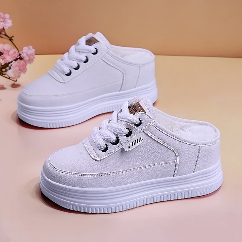 7公分内增高小白鞋松糕厚底女拖秋冬加绒时尚百搭休闲包头拖鞋ins