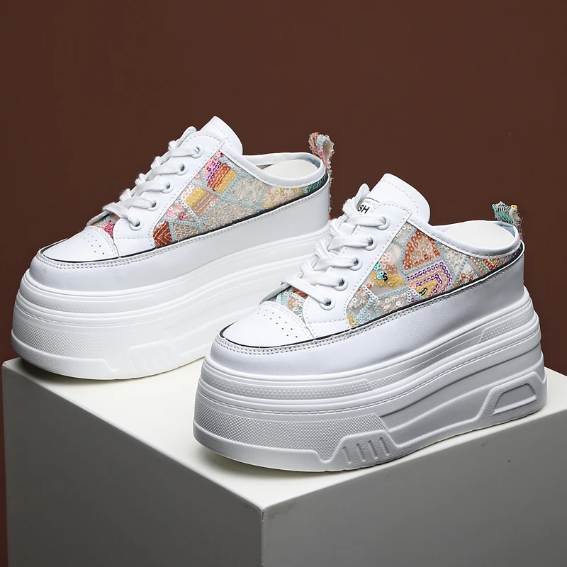 彩色亮片增高12CM包头半拖鞋女夏新款外穿无后跟小白鞋厚底凉拖鞋