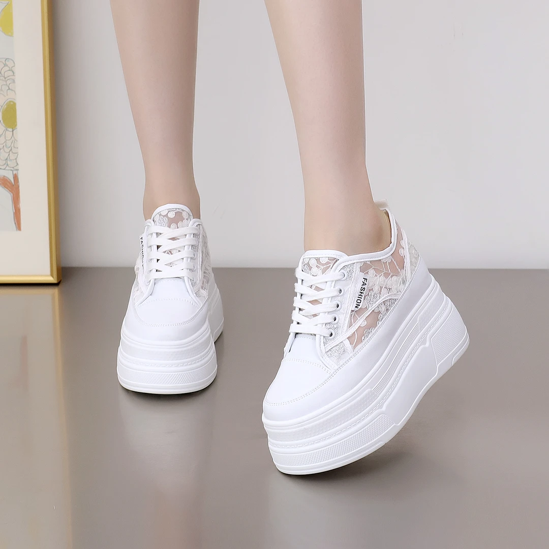增高12cm网面透气小白鞋女夏季新款蕾丝百搭小个子厚底松糕休闲鞋