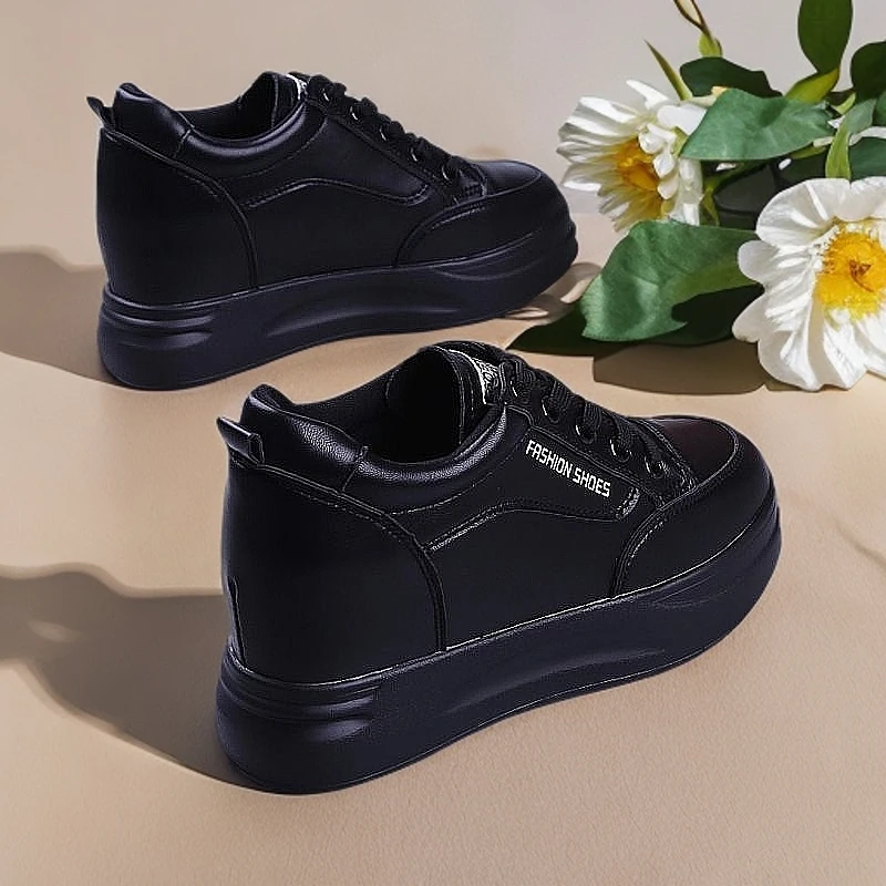 全黑7公分内增高女鞋松糕厚底小白鞋秋冬加绒时尚百搭休闲运动鞋