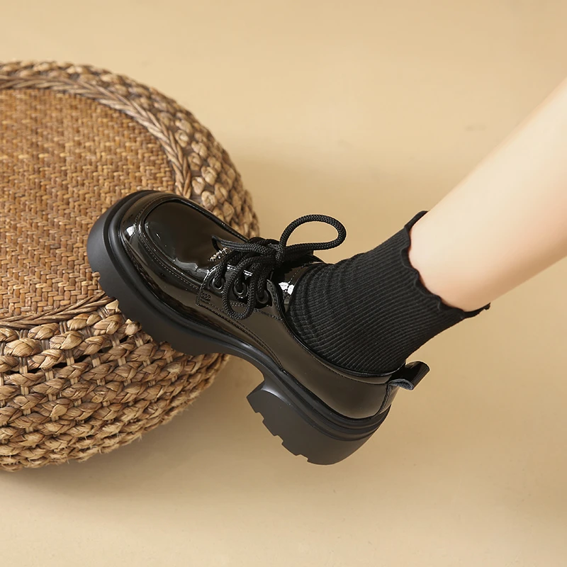 新款百搭厚底乐福鞋时尚英伦风粗跟单鞋增高圆头气质黑色小皮鞋