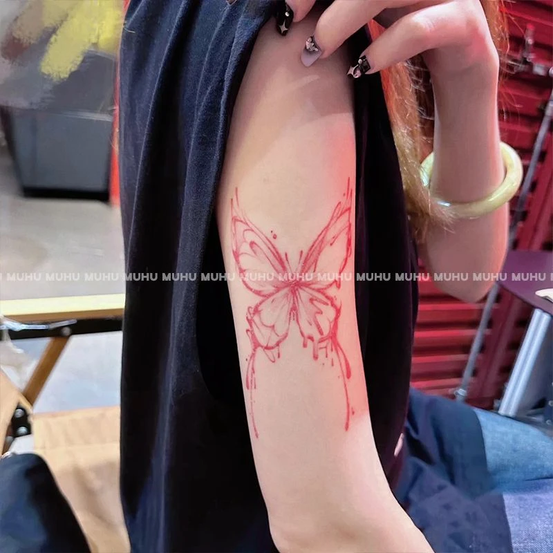 小众红色纯欲风蝴蝶纹身贴 唯美ins浪漫辣妹锁骨手臂彩色纹身贴女