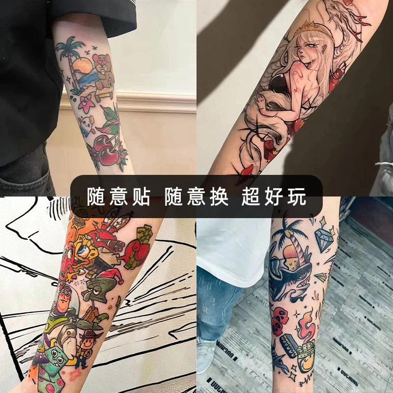 美式复古少女花臂防水持久2024流行小众彩色纹身贴纸可洗网红爆款