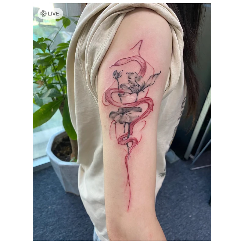 荷花蛇缠绕 彩色纹身贴辣妹大图花臂大腿女 防水防汗持久仿逼真