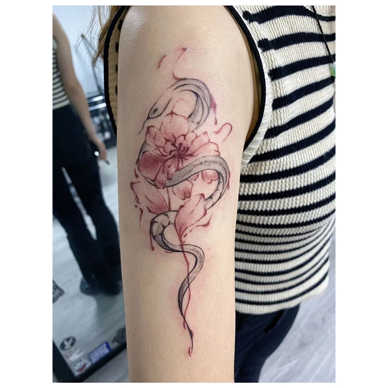 牡丹引蛇 意识流蛇图案纹身贴彩色 防水持久微反光 辣妹大臂大腿