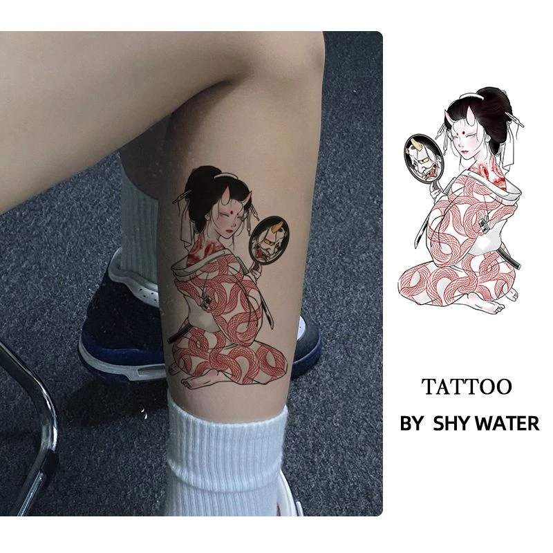 艺伎独照彩色纹身贴日式艺伎霸气高颜值仿真ins自然花臂小腿男女