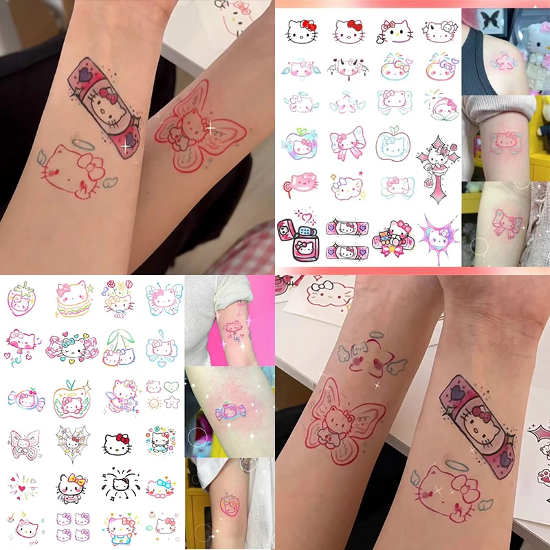KT猫可爱纹身贴贴纸 彩色卡通ins少女心甜酷可水洗持久小型线条感