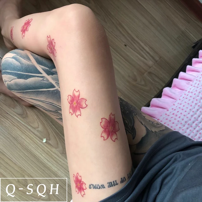 Q-SQH 樱花花腿 日系少女樱花花朵飘落浪漫防水纹身贴纸仿真手腕